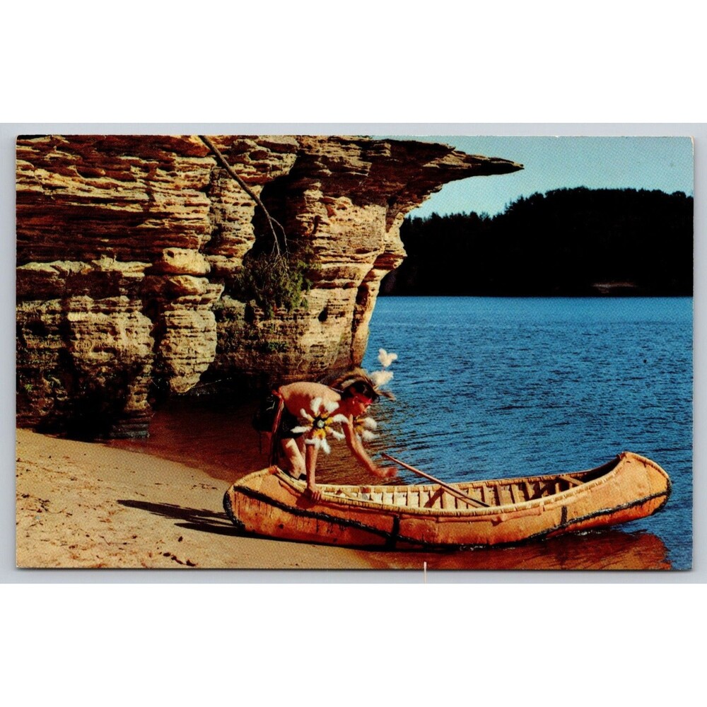 Postcard Wisconsin Dells at the Swallow's Nests Native American Canoe c1960s WI